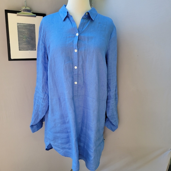 J. Jill Love Linen Tab-Sleeve 100% Linen Tunic Top Blue Ginger M - Picture 2 of 13
